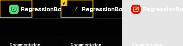 Three-panel crop of region A showing BEFORE (green checkmark logo), AFTER (red square logo with yellow A badge), and diff (red changed pixels on the right)